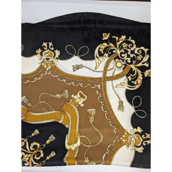 Vintage Baroque Style Scarf Black Gold White Chain Tassel Print Square Classy - Picture 4 of 6